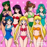 1990s_(style) 7girls accurate_art_style adult_swim alluring ami_mizuno bishoujo_senshi_sailor_moon bishoujo_senshi_sailor_moon_r bishoujo_senshi_sailor_moon_r_the_movie bishoujo_senshi_sailor_moon_s bishoujo_senshi_sailor_moon_s_the_movie bishoujo_senshi_sailor_moon_supers bishoujo_senshi_sailor_moon_supers_the_movie black_hair blonde_hair blue_bikini blue_eyes blue_hair blue_one-piece_bikini bra brown_hair cleavage crimson_eyes dark_green_hair green_eyes makoto_kino medium_breasts michiru_kaiou minako_aino oiioii one-piece_bikini orange_bikini pin_up purple_bikini purple_eyes purple_one-piece_bikini red_bikini rei_hino retro_artstyle setsuna_meiou shorts swimsuit tagme teal_bikini teal_hair tiara toei_animation toonami two-piece_bikini usagi_tsukino viz_media