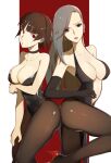 1girl 2_girls alluring ass ass_to_ass atlus big_breasts black_dress black_eyes black_leotard braid brown_hair bunnysuit choker cleavage collarbone color dress ear_piercing earrings elbow_gloves female_only gloves grey_hair halter_dress halterneck hand_on_leg high_heels leotard long_hair looking_at_viewer makoto_niijima multiple_females multiple_girls navel no_bra open_mouth pantyhose pelvic_curtain perky_breasts persona persona_5 playboy_bunny red_eyes sae_niijima sega short_hair siblings side_by_side silf silfs sisters strapless teen vic_(artist)