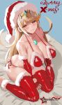 1girl absurd_res alluring artist_logo awesomeerix barefoot big_breasts bikini blonde_hair blush chest_jewel cleavage closed_mouth commentary core_crystal_(xenoblade) earrings embarrassed english_commentary fingerless_gloves floating_earrings fur-trimmed_bikini fur-trimmed_gloves fur-trimmed_thighhighs fur_trim gloves hat high_res jewelry logo long_hair looking_at_viewer merry_christmas mythra_(xenoblade) red_bikini red_gloves red_thighhighs santa_bikini santa_costume santa_hat side-tie_bikini_bottom sitting star_(symbol) star_earrings stockings swept_bangs swimsuit tiara very_long_hair wariza xenoblade_(series) xenoblade_chronicles_2 yellow_eyes