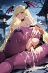 1girl after_sex ai_generated blonde_hair cosplay cum cum_on_body curvy curvy_female curvy_figure horns lusamine morrigan_aensland_(cosplay) pokemon pokemon_sm succubus_costume