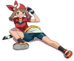  1girl :p bad_id bandana bandanna bike_shorts blue_eyes brown_hair condom gloves haruka_(pokemon) pokemon pussy_juice ryunryun simple_background solo tongue tongue_out used_condom white_background 