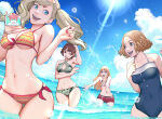 5girls 5tatsu ahoge alluring ann_takamaki bare_arms bare_shoulders beach bikini blonde_hair blue_eyes blue_one-piece_bikini blunt_bangs braid breasts brown_eyes brown_hair cleavage_cutout closed_mouth clothing_cutout covered_navel crown_braid earrings eyewear_on_head glasses green_bikini grey_eyes halterneck hand_on_own_chest high_res holding holding_phone jewelry lens_flare long_hair makoto_niijima medium_breasts midriff multiple_girls nail_polish navel ocean okumura_haru one-piece_swimsuit one_eye_closed open_mouth orange_hair outside outstretched_arms parted_bangs partially_submerged persona persona_5 persona_5_scramble:_the_phantom_strikers phone print_bikini red_hair red_nails sakura_futaba short_hair short_twintails side-tie_bikini_bottom sideboob silf small_breasts smile sophia_(p5s) splashing straight_hair sunlight swept_bangs swimsuit thigh_gap twin_tails under_boob w_arms wavy_hair