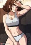 1girl 1girl 1girl ass atlus big_breasts booty_shorts bra brown_hair closed_eyes female_only grin kinkymation looking_at_viewer makoto_niijima persona persona_5 sega short_hair silf sports_bra sportswear white_skin