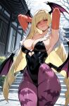 1girl ai_generated blonde_hair cosplay curvy curvy_female curvy_figure horns lusamine morrigan_aensland_(cosplay) pokemon pokemon_sm succubus_costume