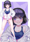 1girl 1girl absurd_res adult_swim arion_canvas bishoujo_senshi_sailor_moon bishoujo_senshi_sailor_moon_s bishoujo_senshi_sailor_moon_supers blunt_bangs blunt_ends high_res hotaru_tomoe jacket lips one-piece_bikini open_clothes purple_eyes purple_hair shoes short_hair small_breasts smile sneakers swimsuit toei_animation toonami viz_media white_jacket