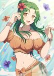 1girl 1girl :d alluring bare_shoulders bead_bracelet bead_necklace beads bikini blue_flower bracelet brown_eyes crml_orng elincia_ridell_crimea elincia_ridell_crimea_(summer) fire_emblem fire_emblem:_radiant_dawn fire_emblem_heroes flower forehead green_hair hair_flower hair_ornament hands_up hibiscus high_res intelligent_systems jewelry long_hair looking_at_viewer medium_breasts navel necklace nintendo off-shoulder_bikini off_shoulder official_alternate_costume open_mouth orange_bikini orange_flower puffy_short_sleeves puffy_sleeves red_flower sarong see-through_clothes short_sleeves side-tie_bikini_bottom smile stomach swimsuit upper_body