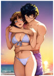 1boy 1girl :d ^_^ absurd_res amamiya_ren atlus bare_arms bare_legs beach bikini black_hair brown_hair closed_eyes commentary couple front-tie_bikini_top front-tie_top glasses gravydood hetero high_res hug_from_behind hugging looking_back makoto_niijima navel open_mouth outside persona persona_5 sega short_hair silf smile swimsuit thighs topless_male white_bikini