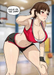1girl 1girl alternate_breast_size atlus big_breasts booty_shorts brown_hair cleavage dialogue english_text leaning_forward lepypepy light-skinned_female light_skin makoto_niijima persona persona_5 red_eyes short_brown_hair short_dark_hair short_hair short_shorts shorts sports_bra sportswear sweat sweaty_body