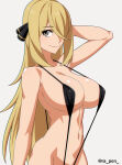 1girl alluring big_breasts bikini blonde_hair cynthia cynthia_(pokemon) eye_contact grey_eyes hair_ornament long_hair looking_at_viewer micro_bikini nintendo pokemon pokemon_dppt ra_pen_ sling_bikini smile