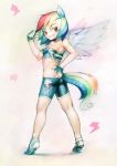 1girl animal_ears anthro anthrofied aru_(pixiv14582) aruurara friendship_is_magic highres inuki_(aruurara) multicolored_hair my_little_pony my_little_pony_friendship_is_magic poorly_drawn rainbow_dash rainbow_hair solo tail wings