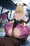 1boy1girl 1girl ai_generated ass blonde_hair cosplay curvy curvy_female curvy_figure dark-skinned_male dark_skin horns lusamine morrigan_aensland_(cosplay) nude pokemon pokemon_sm reverse_cowgirl_position sex succubus_costume