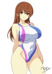 1girl absurd_res alluring big_breasts breasts brown_eyes brown_hair commentary_request competition_swimsuit contrapposto covered_navel dead_or_alive dead_or_alive_2 dead_or_alive_3 dead_or_alive_4 dead_or_alive_5 dead_or_alive_6 dead_or_alive_xtreme dead_or_alive_xtreme_venus_vacation groin high_res highleg highleg_one-piece_swimsuit kasumi kasumi_(doa) long_hair multicolored_swimsuit one-piece_bikini signature silf simple_background striped_clothes striped_one-piece_swimsuit swimsuit tanikan0120 tecmo white_background