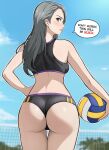 1girl 1girl alternate_costume ass atlus back ball big_breasts bikini black_bikini blue_sky brown_eyes cloud commentary day english_commentary english_text female_focus from_behind grey_hair high_res holding holding_ball lepypepy lips long_hair looking_at_viewer looking_back medium_breasts midriff outside parted_lips persona persona_5 sae_niijima sega silf sky speech_bubble sports_bra swimsuit thigh_gap thighs thong volleyball_net