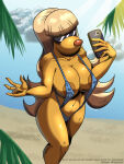 1girl 2021 3:4 anthro areola areola_slip beach big_breasts bikini blonde_hair brain_(inspector_gadget) breasts canid canine canis cellphone clothed clothing crossgender dic_entertainment domestic_dog electronics eyewear hair high-angle_view high_res holding_cellphone holding_object holding_phone humanoid_hands inspector_gadget mammal mtf_crossgender nipple_outline nipples one-piece_swimsuit outside phone portrait seaside sling_bikini standing sunglasses swimwear three-quarter_portrait tiquitoc two-piece_swimsuit yellow_body