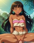1boy 1girl 1girl bandeau bangs bare_shoulders big_breasts black_hair blue_sky blunt_bangs blush bottomless breasts brown_eyes chel_(the_road_to_el_dorado) cleavage clitoris clothing cloud collarbone cowgirl_position crop_top dark-skinned_female dark_skin day earrings girl_on_top hetero jewelry lips long_hair looking_at_viewer male medium_breasts midriff navel on_top outside parted_lips patreon_username penis pov_crotch pussy pussy pussy_juice sex shiny_skin sky smile solo_focus spread_legs stomach straddling strapless strapless_shirt sweat the_road_to_el_dorado tree tube_top vaginal waifuai_studio water web_address