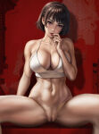 1girl absurd_res alluring areola athletic athletic_female atlus bangs bare_arms bare_legs bare_shoulders bare_skin bare_thighs barefoot big_breasts breast_squish breasts brown_hair child_bearing_hips cute_face dandon_fuga female_abs female_focus female_only fit fit_female genitals hairless_pussy high_res high_resolution hips large_filesize light-skinned_female light_skin looking_at_viewer makoto_niijima megami_tensei naked_from_the_waist_down navel nipples nude_female persona persona_5 pussy red_background red_eyes shaved_pussy shirt shirt_only silf simple_background sitting sitting_down spread_legs stomach thick_thighs thighs toes toned toned_body toned_female toned_stomach very_high_resolution