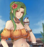 1girl 1girl alluring artist_name bikini blue_sky blurry blurry_background braid brown_eyes cleavage collarbone commission elincia_ridell_crimea elincia_ridell_crimea_(summer) fire_emblem fire_emblem:_radiant_dawn fire_emblem_heroes flower food green_hair hair_flower hair_ornament hibiscus high_res ice_cream ice_cream_cone long_hair looking_at_viewer lynarc medium_breasts navel nintendo off-shoulder_bikini off_shoulder official_alternate_costume orange_bikini signature sky smile swimsuit upper_body waffle_cone