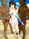 1girl 1girl 2boys atlus beach bikini dark-skinned_male dark_skin feet handjob interracial makoto_niijima makoto_niijima_(swimsuit) male open_toe_shoes persona persona_5 rankerhen red_eyes sandals sega shad0wnsfw silf toes