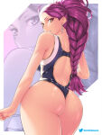 1girl 1girl alluring alternate_costume ass ass_focus backless_bikini backless_outfit big_breasts black_one-piece_bikini blue_one-piece_bikini braid close-up dark-skinned_female dark_skin earrings etchimune facial_mark fire_emblem fire_emblem:_three_houses from_behind intelligent_systems jewelry long_hair looking_back nintendo one-piece_bikini petra_macneary ponytail purple_eyes purple_hair smile swimsuit thick_thighs thighs
