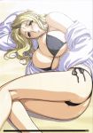  1girl big_breasts bikini blonde_hair breasts cleavage hair highres huge_breasts large_breasts long_hair lying magaki_ryouta nipple_slip nipples solo swimsuit 