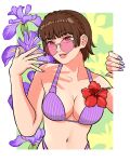 absurd_res alluring atlus bikini border braid brown_hair cleavage collarbone crown_braid floral_background flower halterneck high_res looking_at_viewer makoto_niijima nail_polish navel outside_border persona persona_5 purple_bikini purple_flower purple_nails red-tinted_eyewear red_eyes red_flower round_eyewear sega short_hair silf smile swimsuit tinted_eyewear version5art white_border