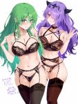 2_girls alluring bare_shoulders big_breasts black_bra black_panties blush bra brown_bra brown_choker brown_panties brown_thighhighs camilla_(fire_emblem) choker cleavage closed_mouth collarbone commentary embarrassed eyebrows_hidden_by_hair fire_emblem fire_emblem:_path_of_radiance fire_emblem:_radiant_dawn fire_emblem_fates fire_emblem_warriors frown garter_belt green_eyes green_hair grin groin hair_between_eyes hair_over_one_eye hand_up high_res horns intelligent_systems lace lace-trimmed_bra lace-trimmed_panties lace_trim lingerie long_green_hair long_hair long_purple_hair looking_at_viewer multiple_girls navel nephenee_(fire_emblem) nintendo open_mouth panties purple_eyes purple_hair purple_hair_over_one_eye shy skindentation smile stockings stomach thick_thighs thighs underwear very_long_hair waving yuuri_(orz_commushows)