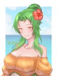 1girl 1girl absurd_res alluring artist_name big_breasts bikini blush cleavage elincia_ridell_crimea fire_emblem flower flower_on_head green_hair hair_bun high_res intelligent_systems jewelry looking_at_viewer necklace nintendo orange_eyes swimsuit tagme yumi_lattea yumilattea