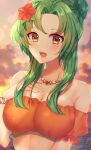 1girl 1girl :d alluring bare_shoulders bead_bracelet bead_necklace beads bikini bracelet cloud edamameoka elincia_ridell_crimea elincia_ridell_crimea_(summer) fire_emblem fire_emblem:_radiant_dawn fire_emblem_heroes flower green_hair hair_flower hair_ornament hand_on_own_chest high_res intelligent_systems jewelry long_hair looking_at_viewer necklace nintendo off-shoulder_bikini off_shoulder official_alternate_costume open_mouth orange_bikini outside puffy_short_sleeves puffy_sleeves red_flower short_sleeves smile stomach sunset swimsuit upper_body yellow_eyes