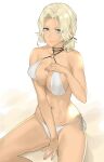 1girl 1girl alluring big_breasts bikini blonde_hair blue_eyes catherine_(fire_emblem) cleavage dark-skinned_female dark_skin female_focus fire_emblem fire_emblem:_three_houses high_res intelligent_systems j@ck looking_at_viewer navel nintendo o-ring side-tie_bikini_bottom sitting smile swimsuit wet white_bikini