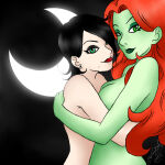 2_girls bangs batman:_hush batman_(series) big_breasts black_background black_eyeshadow black_hair breast_press breasts catwoman cleavage closed_mouth completely_nude completely_nude_female couple crescent crescent_moon darthguyford dc_comics dcau duo earrings eyeshadow female/female female_only green_eyes green_eyeshadow green_lipstick green_skin hair_over_one_eye half-closed_eyes head_back head_tilt hugging jewelry lips lipstick long_hair looking_at_viewer love makeup medium_breasts mole mole_under_mouth moon multiple_girls mutual_yuri naughty_face neck night night_sky nude nude_female outdoor_nudity outside pamela_isley parted_bangs plant_girl poison_ivy red_hair red_lipstick romantic romantic_couple selina_kyle short_hair sideboob simple_background sky smile straight_hair stud_earrings supervillainess swept_bangs villainess yuri