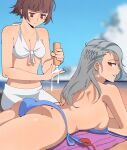 1girl 2_girls alluring applying_sunscreen ass atlus beach big_ass big_breasts bikini bra_removed gjh_1 looking_at_viewer looking_back lying lying_on_stomach makoto_niijima mole_on_ass no_sex on_stomach outside outside persona persona_5 public_topless sae_niijima sega siblings sideboob silf silfs sisters smile sunscreen twitter
