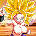 big_breasts blonde_hair caulifla dragon_ball_super green_eyes nekom14 nipples super_saiyan topless