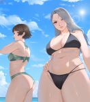 2_girls alluring ass atlus beach big_breasts bikini black_bikini blush braid brown_hair cleavage crown_braid green_bikini grey_hair hand_on_own_hip high_res long_hair magdalenus27 makoto_niijima medium_breasts multiple_girls navel ocean one_eye_closed persona persona_5 red_eyes sae_niijima sega short_hair siblings silf silfs sisters sky smile string_bikini swimsuit