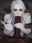 1boy 1girl 1girls 3d alternate_version_available big_penis ciri dark-skinned_male dark_skin fellatio fellatio green_eyes huge_cock interracial large_penis male middle_finger notgood3d penis qos queen_of_spades straight the_witcher_(series) the_witcher_3:_wild_hunt white_hair
