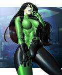 1girl arm_at_side asymmetrical_gloves black_bodysuit black_gloves black_hair black_lipstick bodysuit breasts disney female_only female_solo gloves green_bodysuit green_eyes green_gloves hair_between_eyes half-closed_eyes hand_on_leg hand_on_own_leg hand_on_own_thigh hand_on_thigh hand_up idarkshadowi_(artist) kim_possible lips lipstick long_hair looking_at_viewer makeup medium_breasts multicolored_bodysuit multicolored_clothes neck pale-skinned_female pale_skin parted_lips serious shego skin_tight standing straight_hair supervillainess thedarkness two-tone_bodysuit very_long_hair villainess