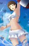 1girl 1girl alluring artist_name artist_request atlus ball bare_legs bare_shoulders beachball bikini bikini_skirt blue_sky blush braid brown_hair cleavage cloud collarbone crown_braid day female_focus front-tie_bikini_top front-tie_top halterneck high_res long_sleeves looking_at_viewer makoto_niijima medium_breasts navel ocean outside persona persona_5 persona_5_the_royal red_eyes sega short_hair side-tie_bikini_bottom side-tie_bottom silf sky smile swimsuit white_bikini