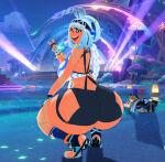 beach bikini blue_eyes dat_ass game_background genshin_impact gigantic_ass gigantic_thighs gloves light_blue_hair massive_breasts mualani_(genshin_impact) night party peace_sign self_upload smiling_at_viewer tan_line twerking vision_(genshin_impact) water_shoes white_hair winking_at_viewer