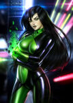 1girl ayyasap big_breasts black_bodysuit black_hair black_lipstick bodysuit breasts covered_navel disney female_only female_solo green_bodysuit green_eyes green_skin grin hair_between_eyes half-closed_eyes head_tilt kim_possible lips lipstick long_hair looking_at_viewer magic makeup medium_breasts multicolored_bodysuit multicolored_clothes naughty_face neck pale-skinned_female pale_skin parted_lips shego skin_tight smile standing supervillainess two-tone_bodysuit very_long_hair villainess