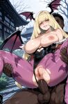 1boy1girl 1girl ai_generated anal blonde_hair cosplay curvy curvy_female curvy_figure dark-skinned_male dark_skin horns lusamine morrigan_aensland_(cosplay) nude pokemon pokemon_sm sex succubus_costume