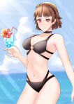 1girl alluring atlus bare_legs brown_eyes cleavage holding_glass makoto_niijima medium_breasts persona persona_5 pin_up posing red_eyes sara_(artist) sega solo