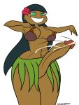 2018 black_hair breasts brown_skin calumba cartoon_network coconut_bra cum dexter's_laboratory flower futa_only futanari green_eyes hair_flower hands_up incogneato intersex leaf_skirt looking_down pink_flower smile white_background
