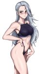 1girl 1girl abs alluring athletic_female atlus big_breasts blush brown_eyes female_abs fit_female grey_hair hair_behind_ear hand_on_own_hip hand_on_own_thigh high_res long_hair nail_polish navel persona persona_5 purple_nails sae_niijima sega shadertoons shirt silf stomach taut_clothes taut_shirt thighs toned toned_female underwear