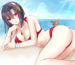 1girl 1girl alluring beach big_breasts bikini black_hair blush cleavage closed_mouth crab fire_emblem fire_emblem_engage hair_between_eyes hair_ornament intelligent_systems jewelry kirishima_riona looking_at_viewer lying mole mole_under_mouth necklace nel_(fire_emblem) nintendo on_side outside red_bikini red_eyes short_hair smile swimsuit water wrist_cuffs