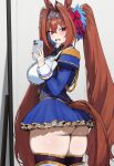 1girl ai_generated angry angry_expression angry_face ass breasts cellphone daiwa_scarlet_(umamusume) embarrassed holding holding_object holding_phone horse_ears horse_girl horse_tail huge_ass huge_breasts light-skinned_female light_skin long_hair looking_at_viewer mirror oerba_yun_fang pose school_uniform schoolgirl selfpic skirt sweat sweatdrop thick_thighs thighs tracen_school_uniform truck-kun_art tsundere twin_tails umamusume umamusume_pretty_derby