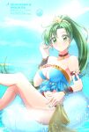 1girl 1girl alluring big_breasts bikini blue_bikini blue_nails brown_choker celes_(artist) cf_wing choker cleavage commentary_request earrings fire_emblem fire_emblem:_the_blazing_blade fire_emblem_heroes fire_emblem_warriors flower flower_armlet green_eyes green_hair hair_flower hair_ornament high_res innertube intelligent_systems jewelry leather leather_choker long_hair looking_at_viewer lyn lyn_(fire_emblem) lyn_(lady_of_the_beach)_(fire_emblem) lyndis lyndis_(fire_emblem) nail_polish necklace nintendo official_alternate_costume ponytail shell shell_necklace strapless strapless_bikini swim_ring swimsuit very_long_hair