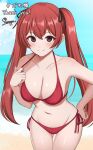 1girl 1girl 1girl alluring bare_arms beach bikini blue_sky brown_eyes cleavage closed_mouth cloud collarbone commentary_request day fire_emblem fire_emblem_fates fire_emblem_warriors hair_ribbon hand_on_own_hip high_res horizon intelligent_systems long_hair medium_breasts navel nintendo ocean outside red_bikini red_hair ribbon selena_(fire_emblem_fates) severa_(fire_emblem) sky smile standing surippa1010 swimsuit twin_tails