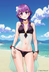 1girl 1girl aegis_(theoryiv) alluring artist_name beach bikini black_bikini blue_sky cameltoe cloud commentary_request cowboy_shot day fire_emblem fire_emblem:_the_sacred_stones fire_emblem_heroes high_res intelligent_systems long_hair lute_(fire_emblem) lute_(summer)_(fire_emblem) mountainous_horizon navel nintendo ocean official_alternate_costume outside purple_eyes purple_hair sky small_breasts standing swimsuit twin_tails watermark