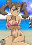 1girl alluring art bare_shoulders beach bikini bottomless breasts brown_hair dark_skin green_eyes kageta lake_art long_hair looking_at_viewer naked_from_the_waist_down nintendo no_panties pokemon pokemon_xy sakaki_(artist) sana_(pokemon) shauna sitting swimsuit wariza zage_inc