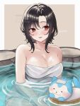 1girl alluring bare_shoulders big_breasts black_hair cleavage fire_emblem fire_emblem_engage high_res intelligent_systems naked_towel nel_(fire_emblem) nintendo partially_submerged red_eyes short_hair sommie_(fire_emblem) towel water zqzbq