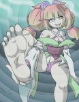 1girl bangs barefoot breasts cleavage feet female femdom foot_focus hair_ornament multicolored_eyes multicolored_hair pink_hair pov pov_sub sharp_teeth smile solo spiral_eyes stronny_cuttles superslogger twin_tails underwater vallure virtual_youtuber